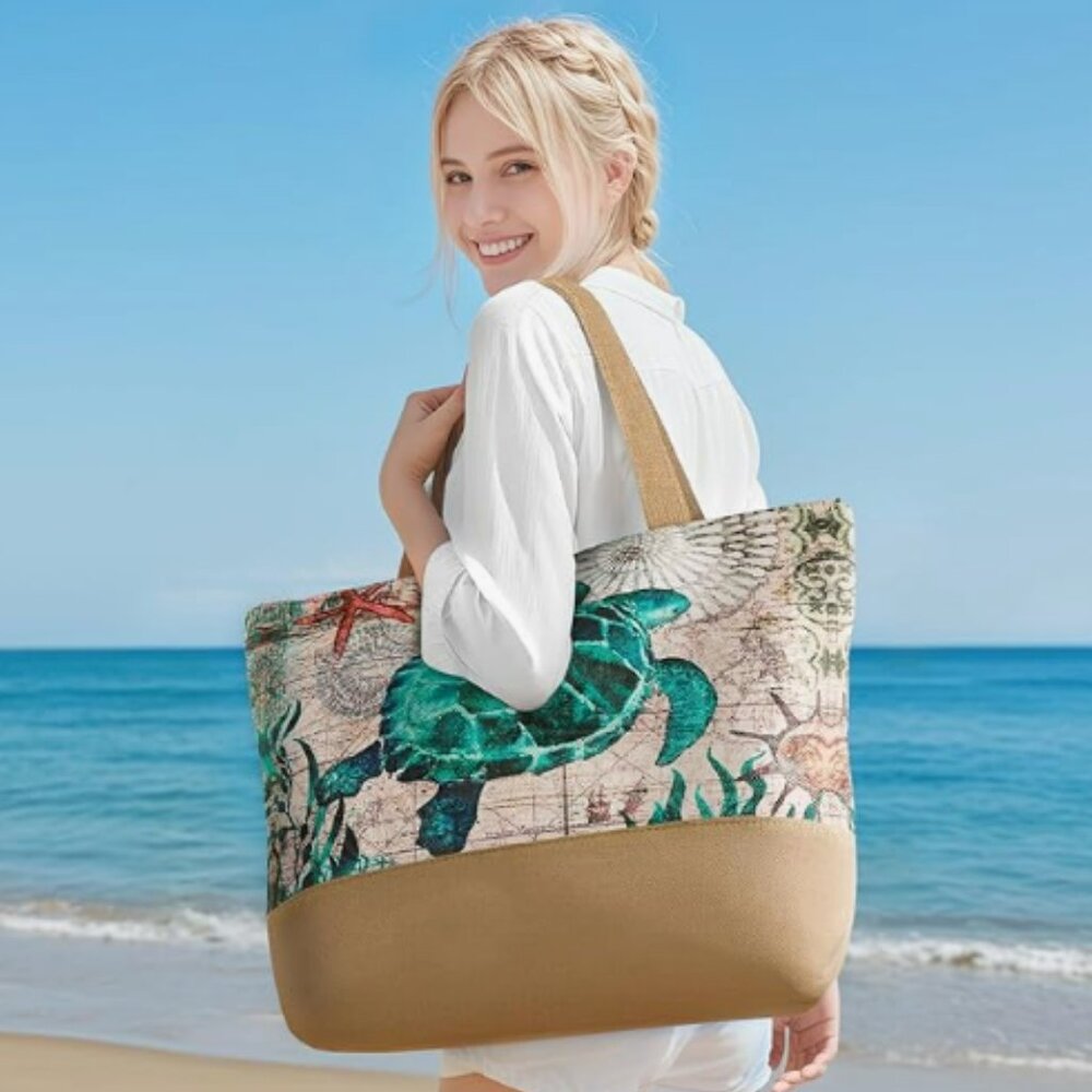 Turtle  Beach Bag for Women, Large Beach Tote Bags with Zipper, Woven Straw Tote - Picture 2 of 5